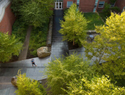 <a href="https://landscapearchitecturebuilt.com/staging/keene-state-college">Keene State College: Natural Science Center Courtyard</a>, <br>Keene, NH, USA An image of a landscape architecture project at Keene State College, showing a birds eye view of courtyard with paving and tree groves