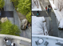 <a href="https://landscapearchitecturebuilt.com/keene-state-college">Keene State College: Natural Science Center Courtyard</a>, <br>Keene, NH, USA An image of a landscape architecture project at Keene State College, showing two images showing the seasonal contrast between summer and winter