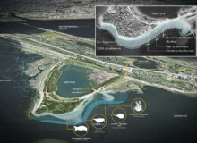 <a href="https://landscapearchitecturebuilt.com/west-pond-living-shoreline">West Pond Living Shoreline</a>, <br>Queens, NY, USA An image of landscape architecture project West Pond Living Shoreline, by design firm Dirtworks Landscape Architecture P.C, in Queens, NY, USA. Showing a infographic plan detailing key conceptual moves
